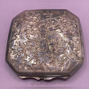 Vintage Engraved Silver Buddha Compact Mirror Powder Case 3.4 Oz Old Patina